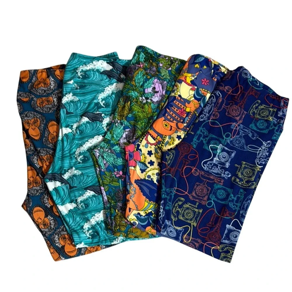 5 LuLaRoe Orange and Blue Pajama Bottoms Leggings Vibrant Pattern